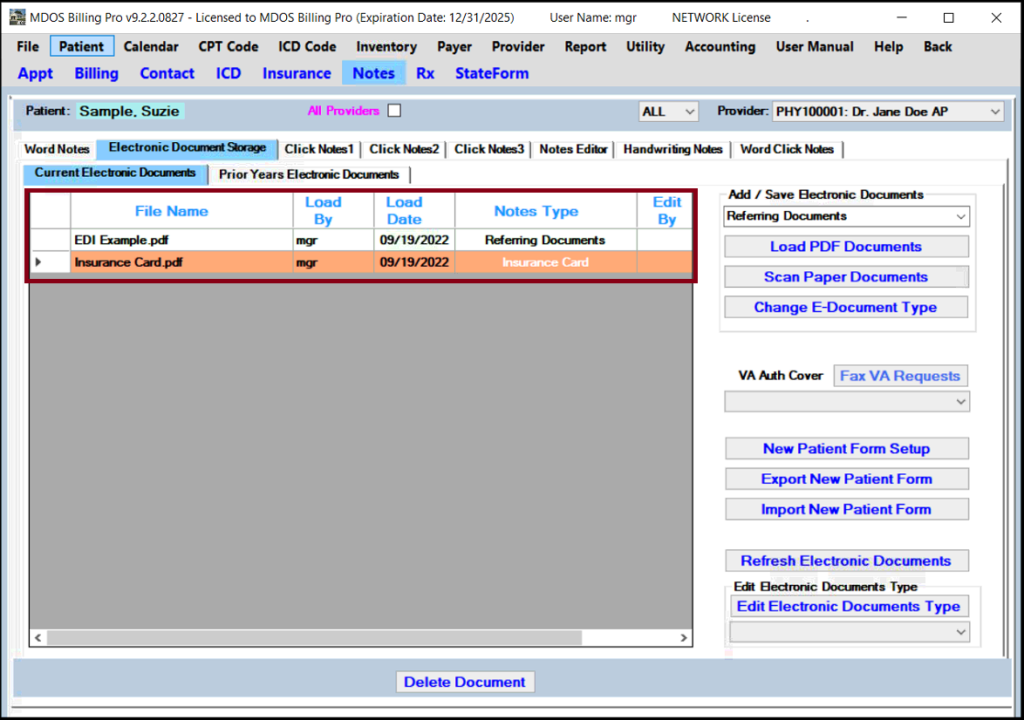 Electronic Document List for a Patient