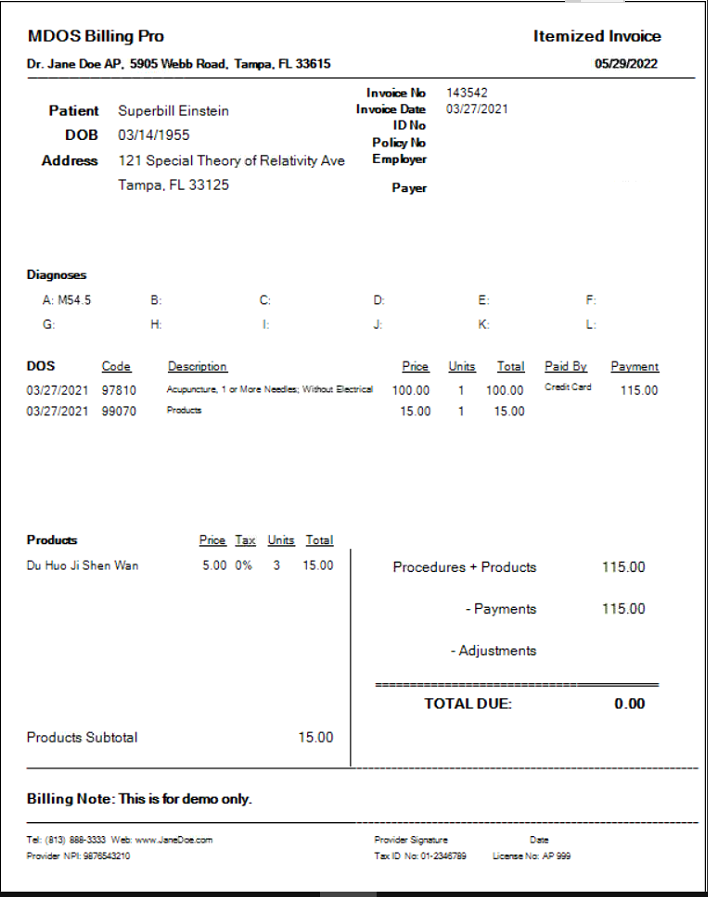 Acupuncture Superbill with Product Sale