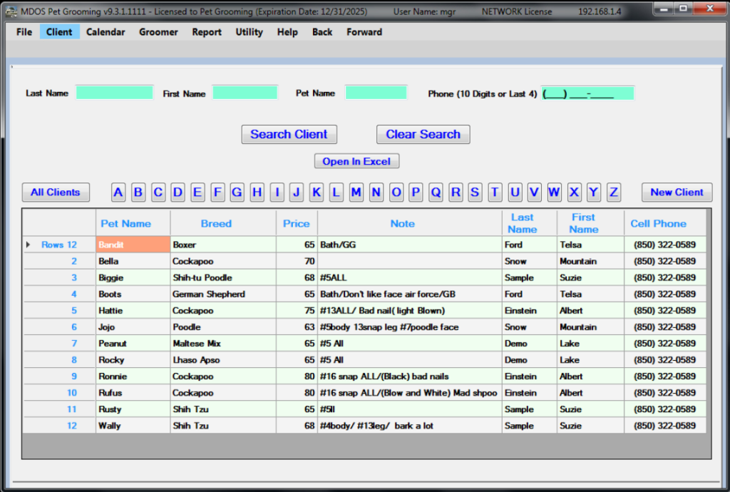 Pet Grooming Software Client List