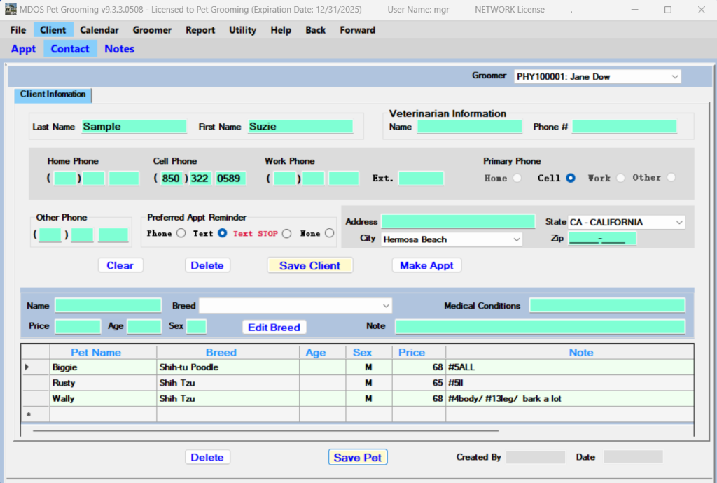 Pet Grooming Software Client Information